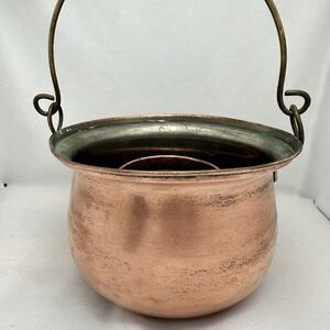 Vintage Copper Cauldron Pot Planter Iron Handle 5”T x 7.5”W